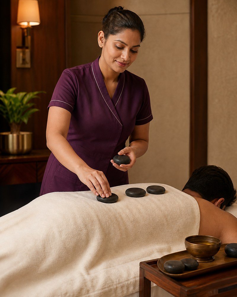 Therapist arranging warm stones for a hot stone massage